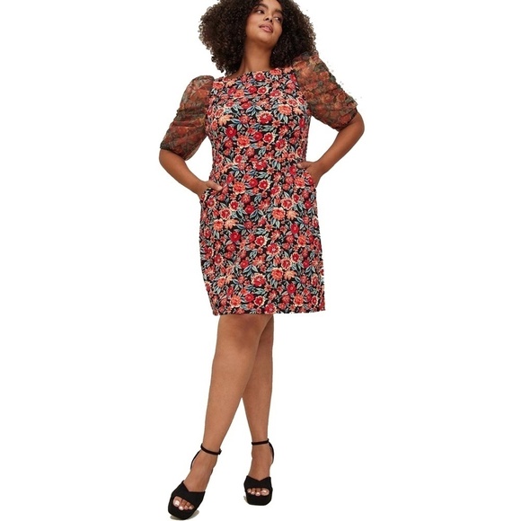 Torrid Cocktail Dress Mini Scuba w/ Pockets Crepe & Organza Puff Sleeve Floral - Picture 5 of 13